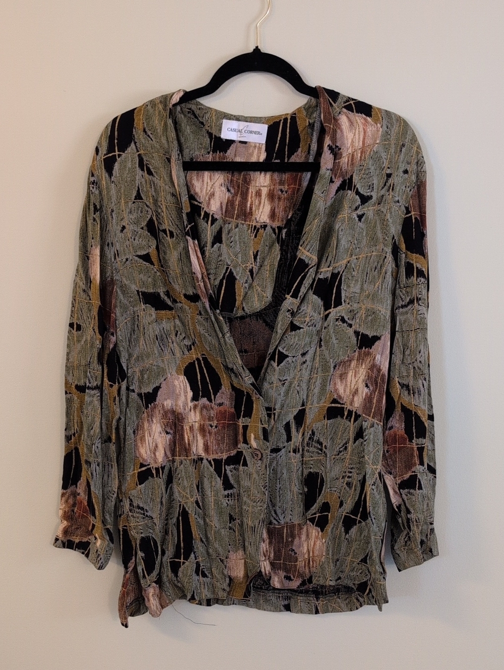 Cesare Paciotti Olive, Black and Blush Floral V‑Neck Blouse